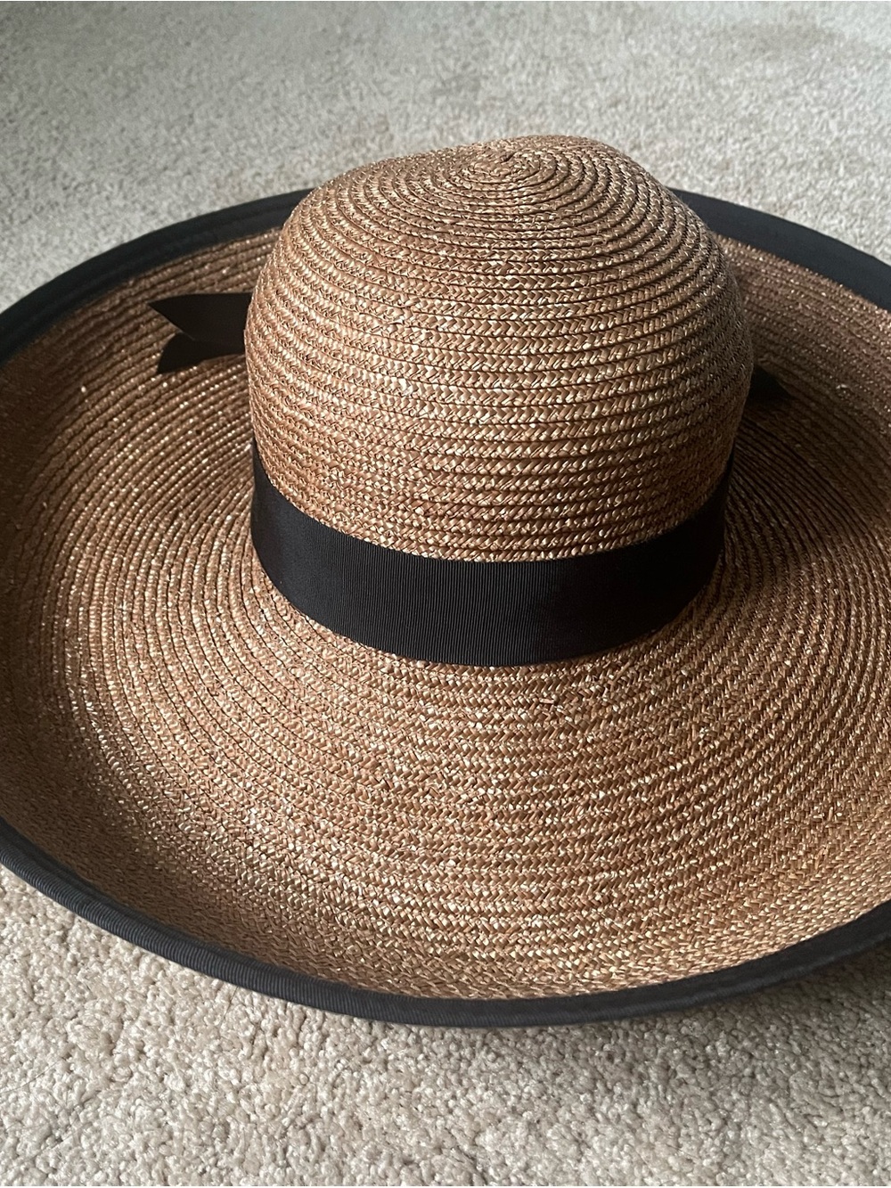 Vintage Kokin New York Wide Brim Straw Sun Hat with Black Ribbon - Tan